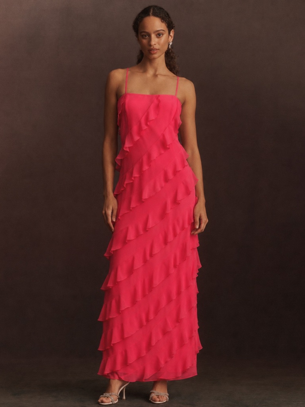 NWT Gianni Bini Taylor Chiffon Straight Neckline Sleeveless Ruffle Long Dress